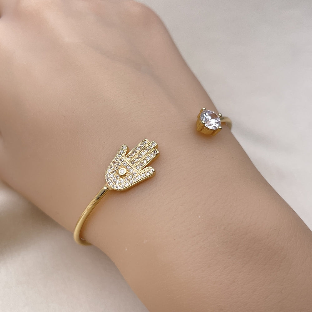 Oro Laminado Individual Bangle, Gold Filled Style Judaica and Hand of God Design, with White Micro Pave and White Cubic Zirconia, Polished, Golden Finish