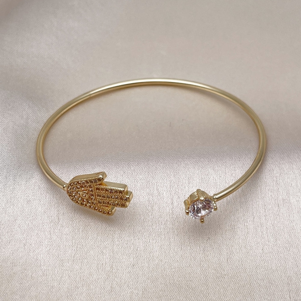 Oro Laminado Individual Bangle, Gold Filled Style Judaica and Hand of God Design, with White Micro Pave and White Cubic Zirconia, Polished, Golden Finish