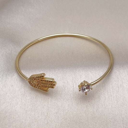 Oro Laminado Individual Bangle, Gold Filled Style Judaica and Hand of God Design, with White Micro Pave and White Cubic Zirconia, Polished, Golden Finish
