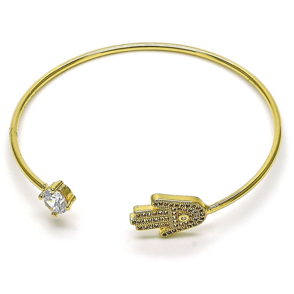 Oro Laminado Individual Bangle, Gold Filled Style Judaica and Hand of God Design, with White Micro Pave and White Cubic Zirconia, Polished, Golden Finish