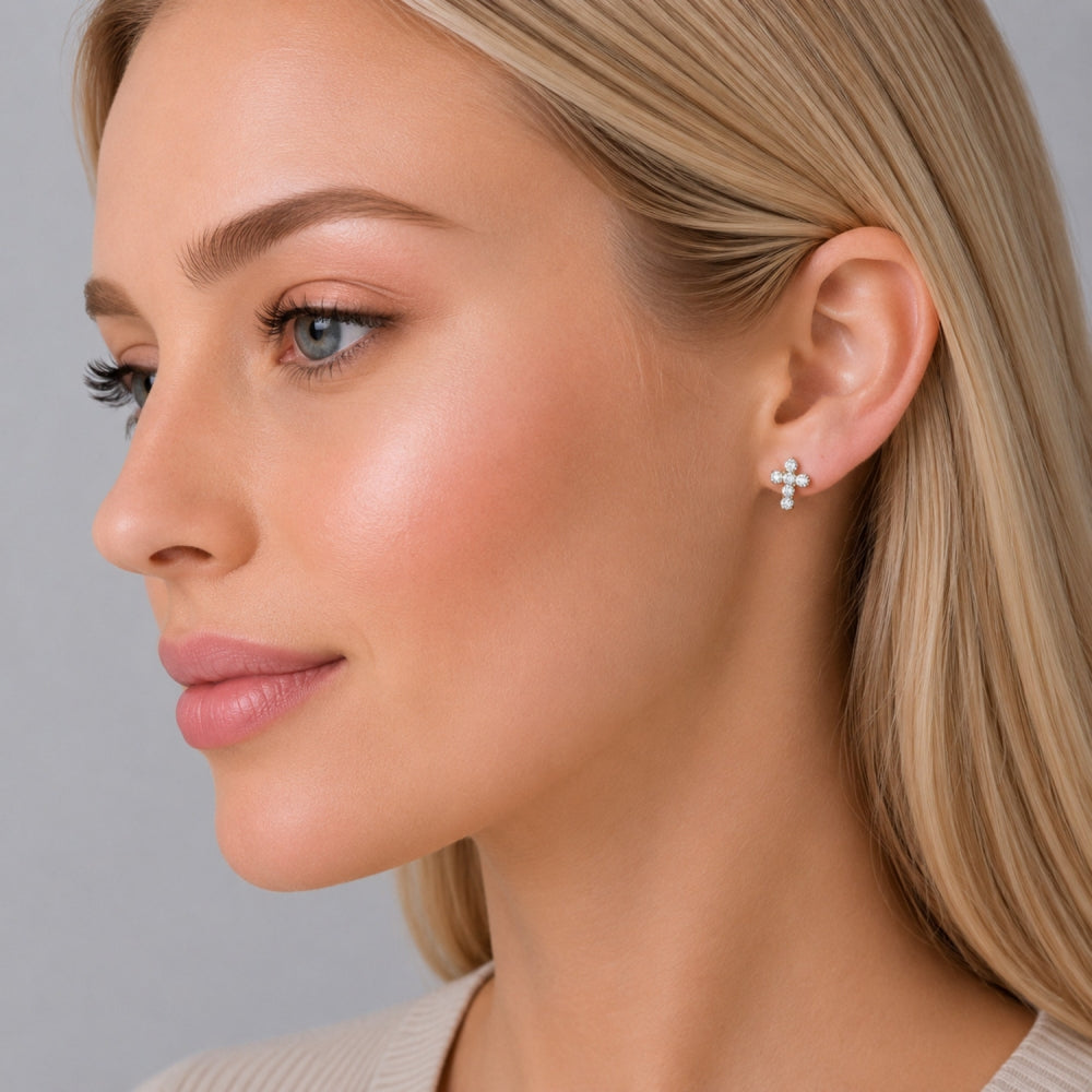 Oro Laminado Stud Earring, Gold Filled Style Cross Design, with White Cubic Zirconia, Polished, Golden Finish