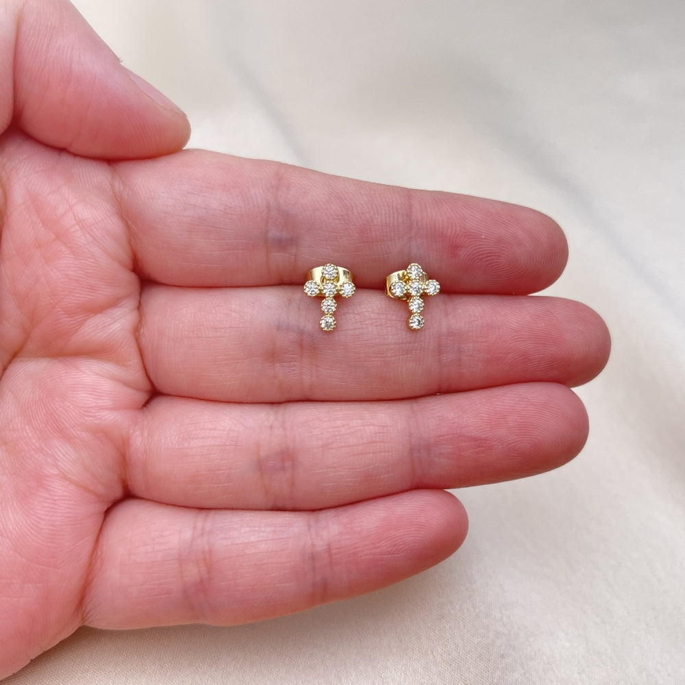 Oro Laminado Stud Earring, Gold Filled Style Cross Design, with White Cubic Zirconia, Polished, Golden Finish
