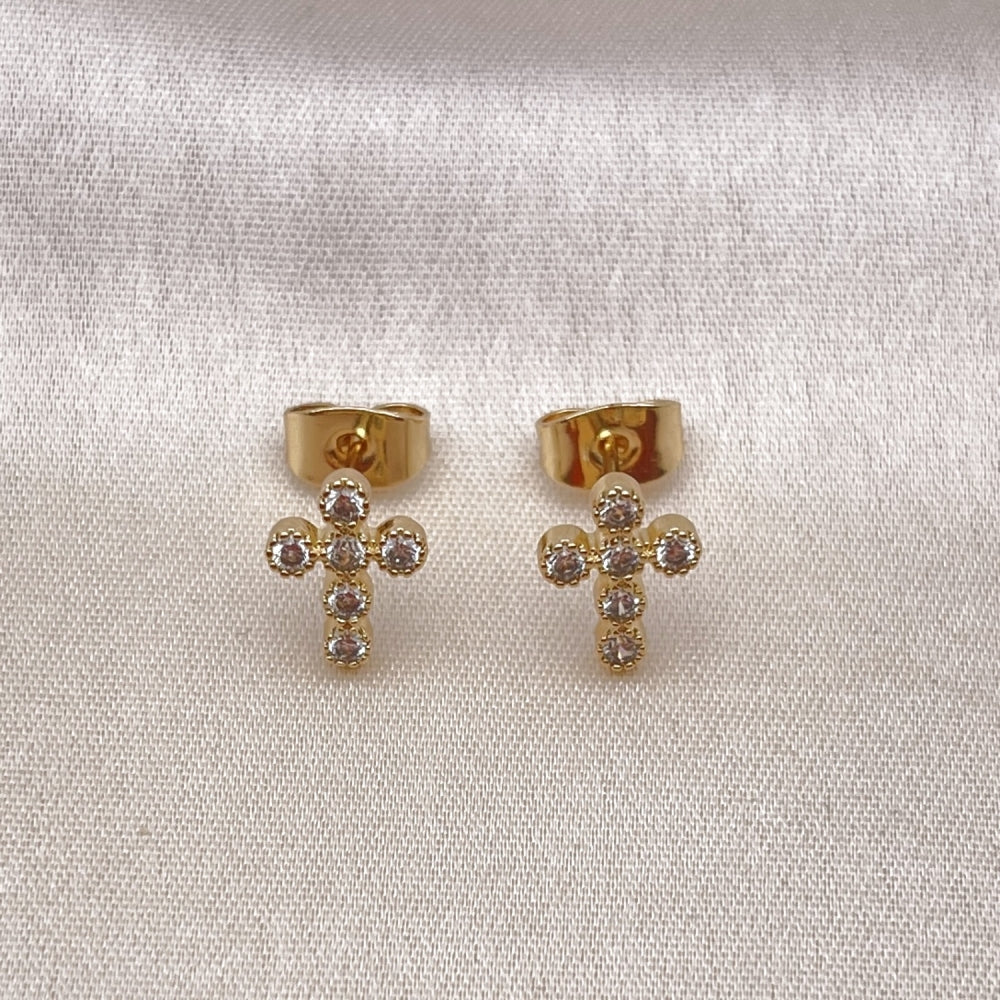 Oro Laminado Stud Earring, Gold Filled Style Cross Design, with White Cubic Zirconia, Polished, Golden Finish