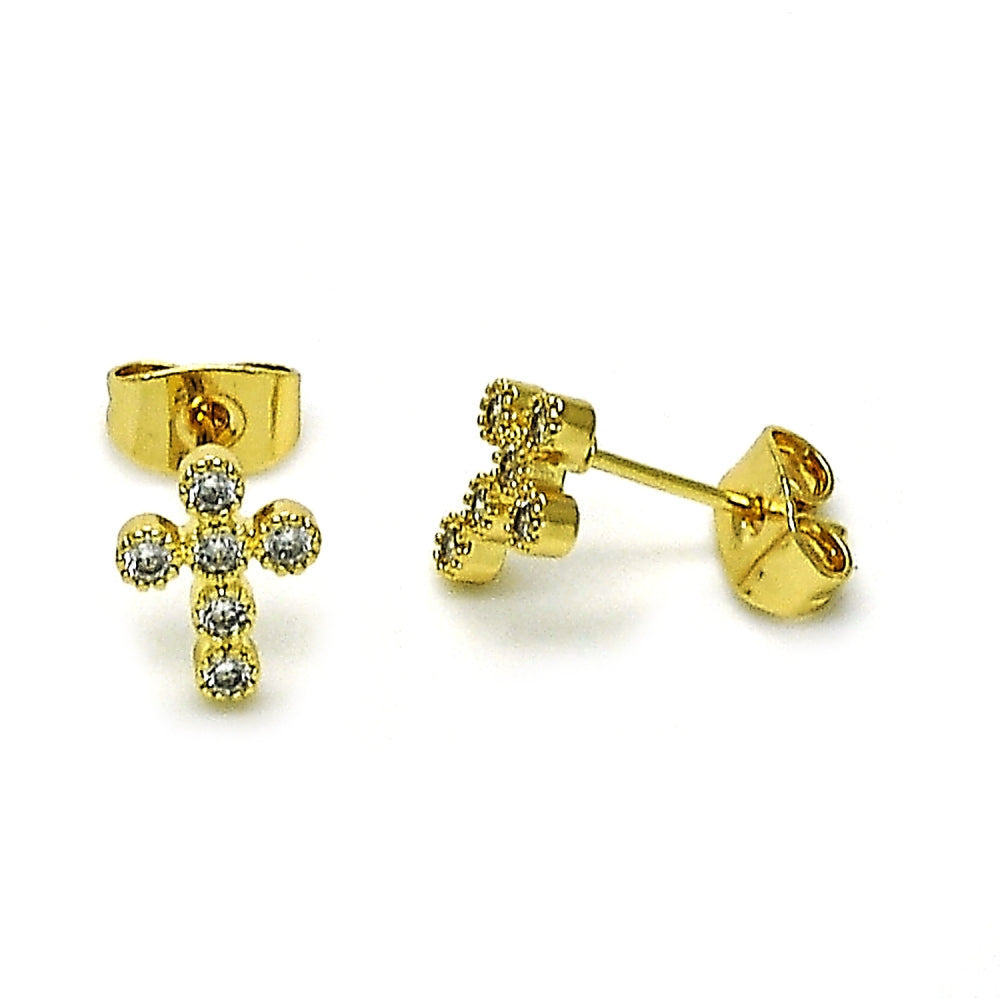 Oro Laminado Stud Earring, Gold Filled Style Cross Design, with White Cubic Zirconia, Polished, Golden Finish