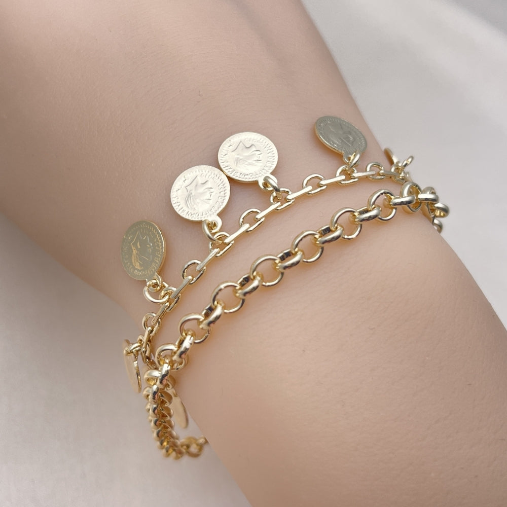 Oro Laminado Charm Bracelet, Gold Filled Style Rolo Design, Polished, Golden Finish