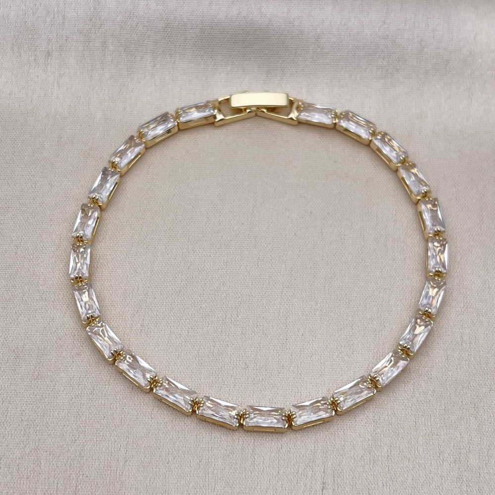 Oro Laminado Tennis Bracelet, Gold Filled Style Baguette Design, with White Cubic Zirconia, Polished, Golden Finish