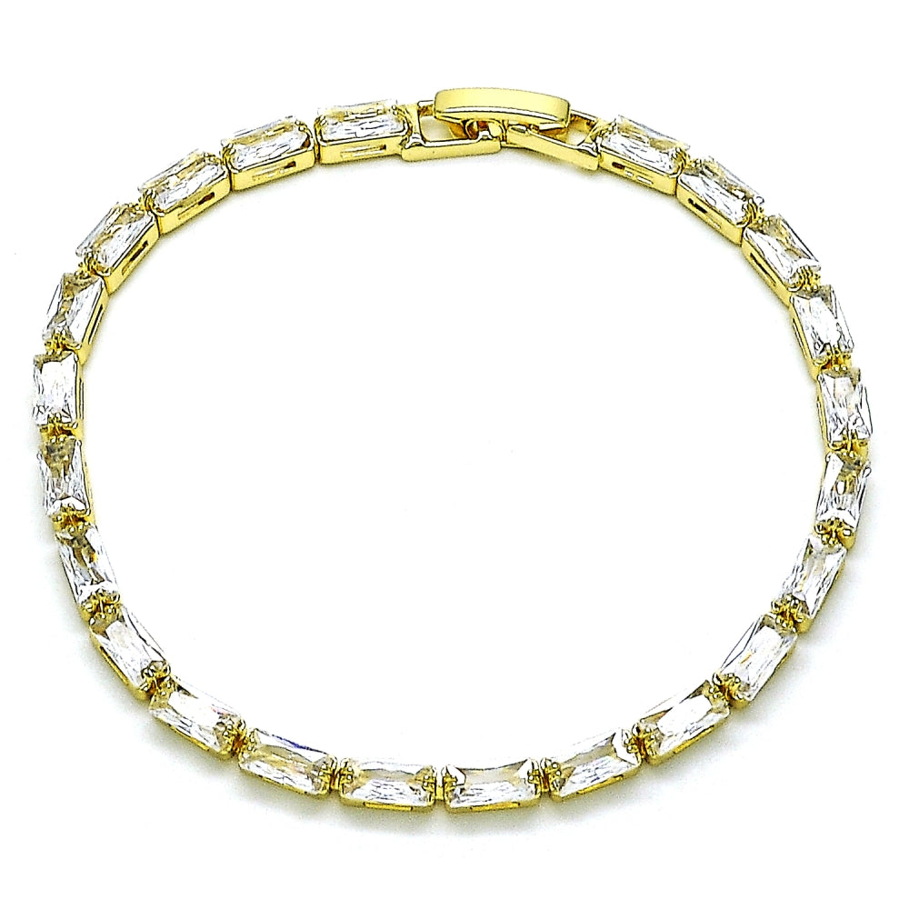 Oro Laminado Tennis Bracelet, Gold Filled Style Baguette Design, with White Cubic Zirconia, Polished, Golden Finish