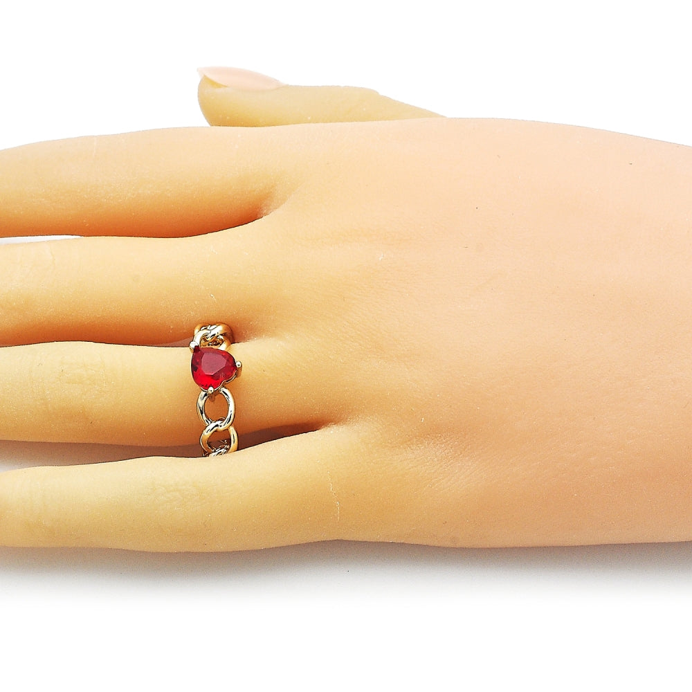 Oro Laminado Multi Stone Ring, Gold Filled Style Heart and Curb Design, with Garnet Cubic Zirconia, Polished, Golden Finish