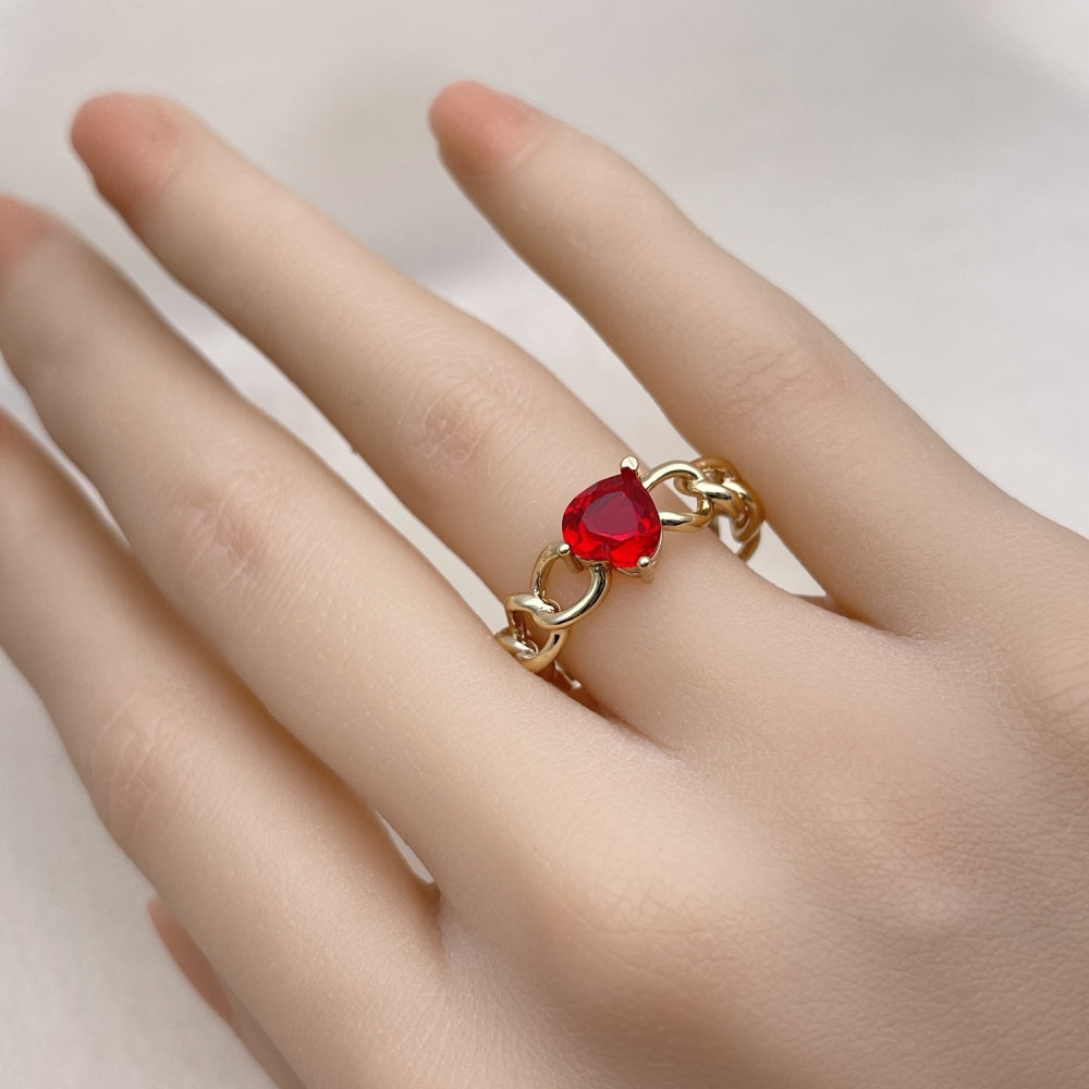 Oro Laminado Multi Stone Ring, Gold Filled Style Heart and Curb Design, with Garnet Cubic Zirconia, Polished, Golden Finish