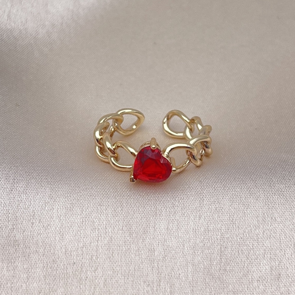 Oro Laminado Multi Stone Ring, Gold Filled Style Heart and Curb Design, with Garnet Cubic Zirconia, Polished, Golden Finish