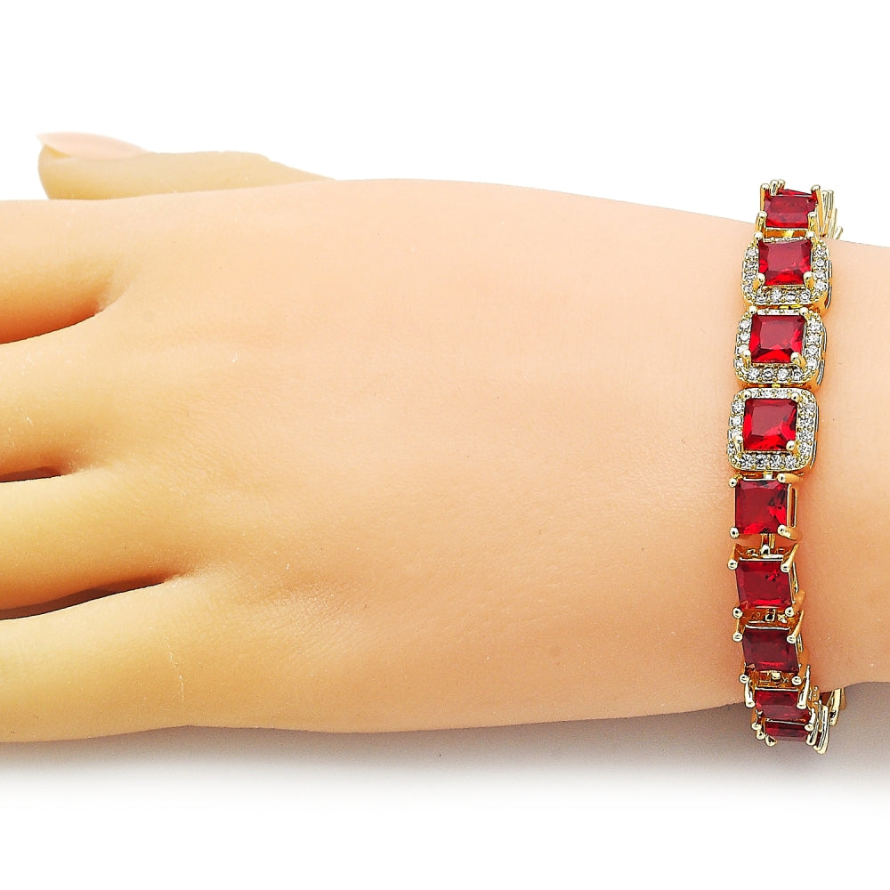 Oro Laminado Tennis Bracelet, Gold Filled Style with Garnet Cubic Zirconia and White Micro Pave, Polished, Golden Finish