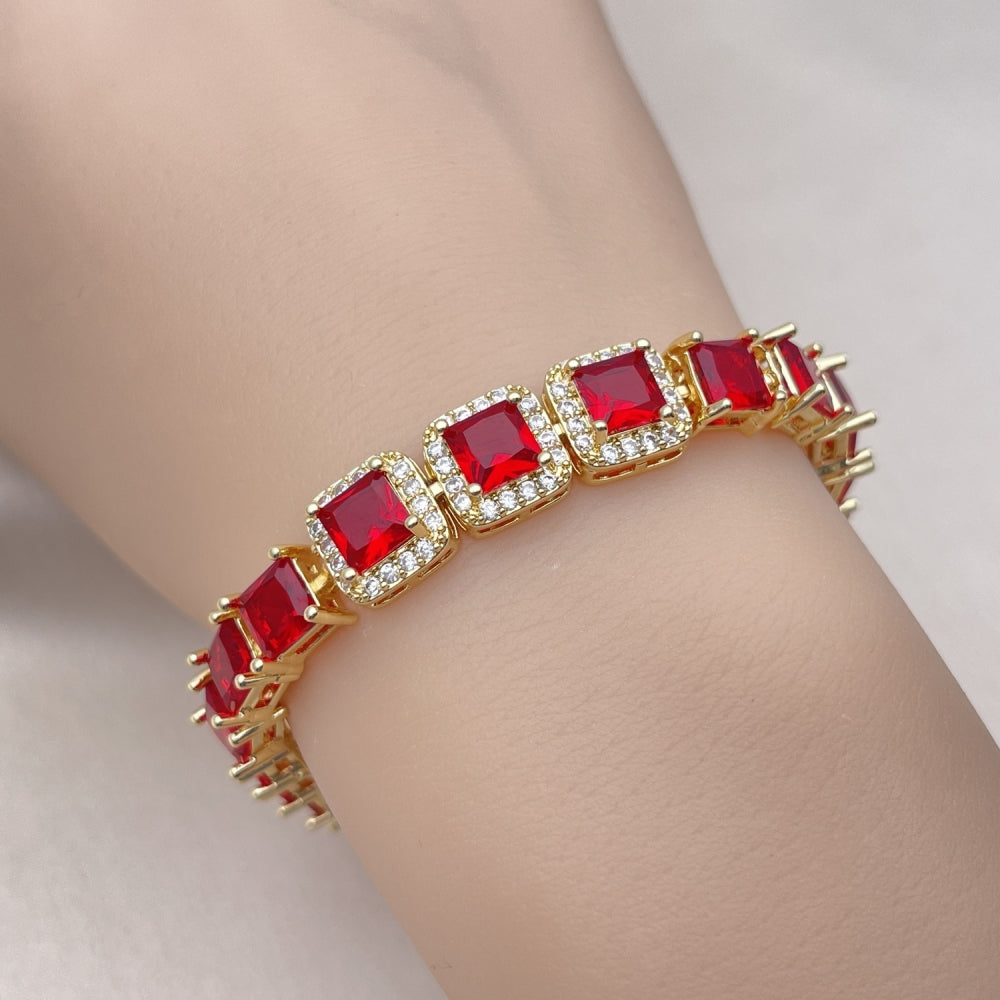 Oro Laminado Tennis Bracelet, Gold Filled Style with Garnet Cubic Zirconia and White Micro Pave, Polished, Golden Finish