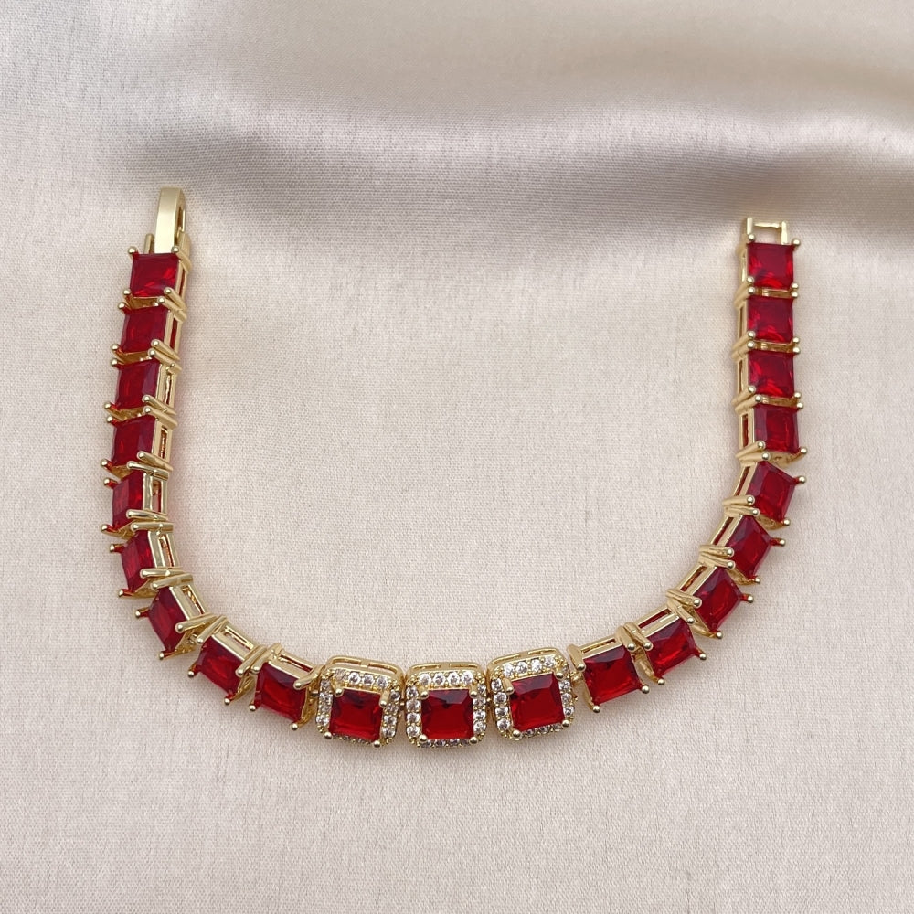 Oro Laminado Tennis Bracelet, Gold Filled Style with Garnet Cubic Zirconia and White Micro Pave, Polished, Golden Finish