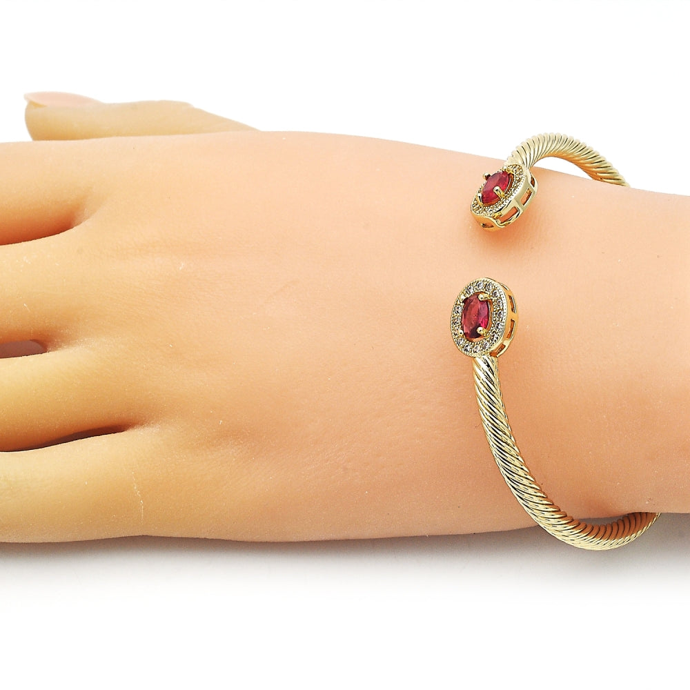 Oro Laminado Individual Bangle, Gold Filled Style Twist Design, with Ruby Cubic Zirconia and White Micro Pave, Polished, Golden Finish