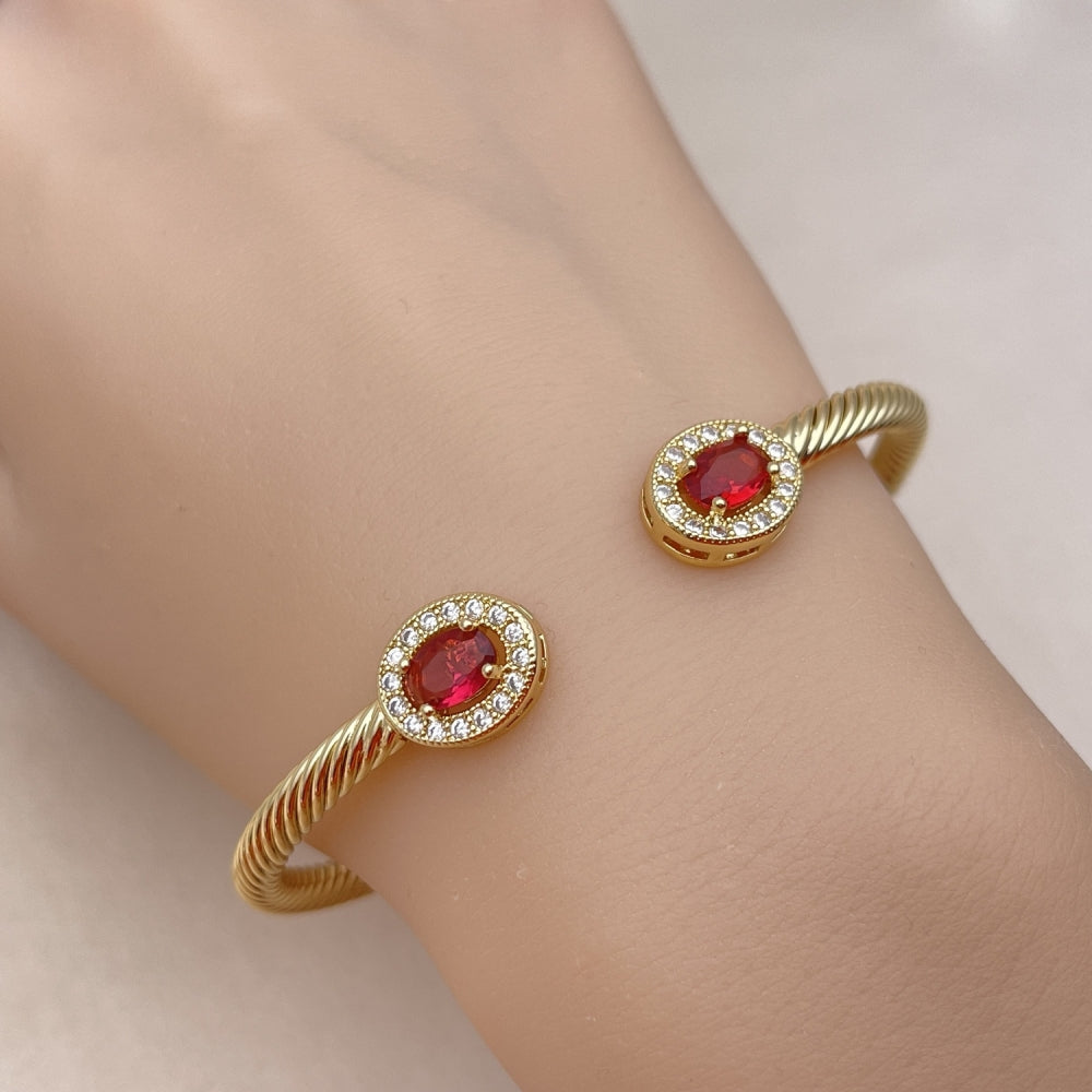 Oro Laminado Individual Bangle, Gold Filled Style Twist Design, with Ruby Cubic Zirconia and White Micro Pave, Polished, Golden Finish