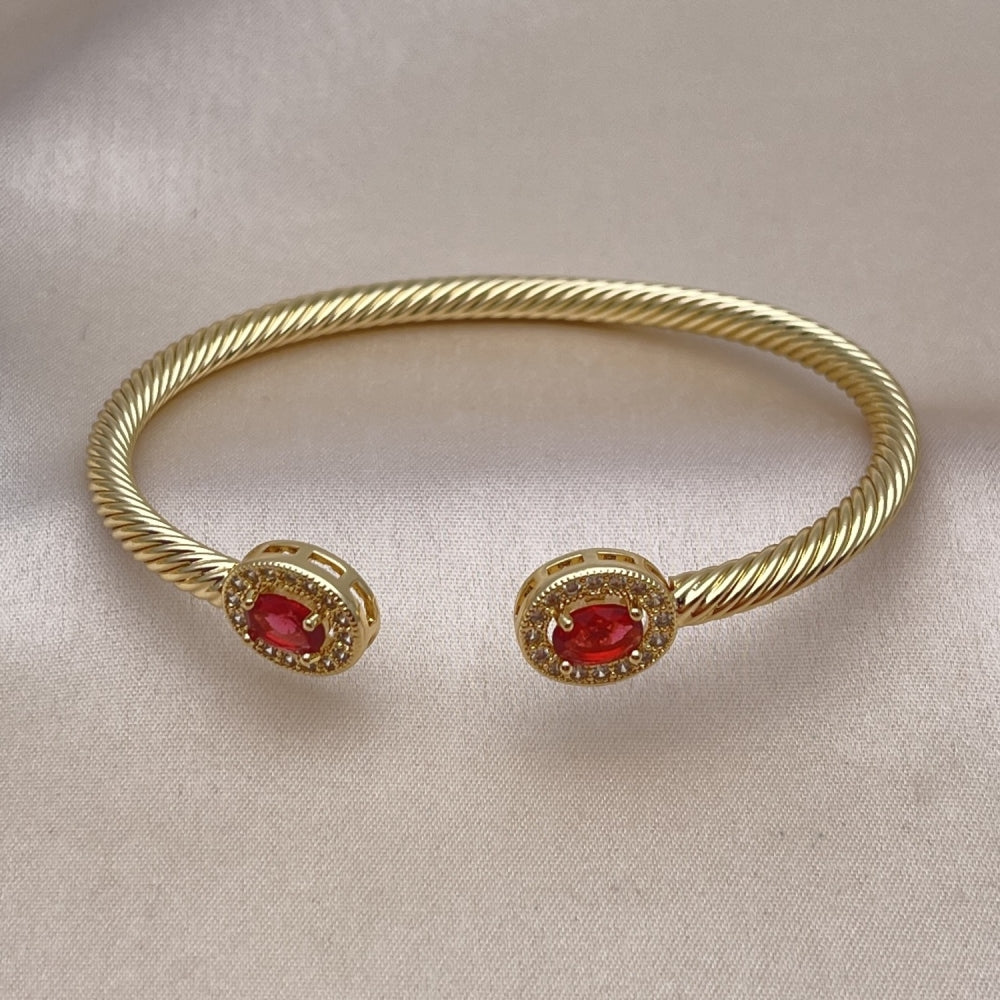 Oro Laminado Individual Bangle, Gold Filled Style Twist Design, with Ruby Cubic Zirconia and White Micro Pave, Polished, Golden Finish