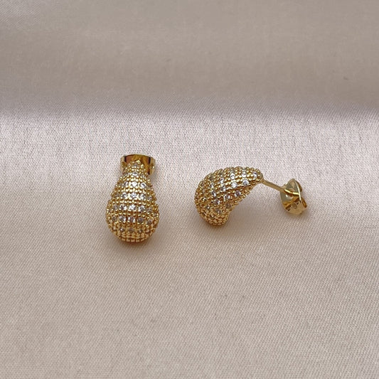 Oro Laminado Stud Earring, Gold Filled Style Teardrop Design, with White Micro Pave, Polished, Golden Finish