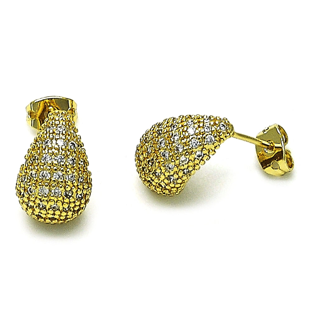 Oro Laminado Stud Earring, Gold Filled Style Teardrop Design, with White Micro Pave, Polished, Golden Finish
