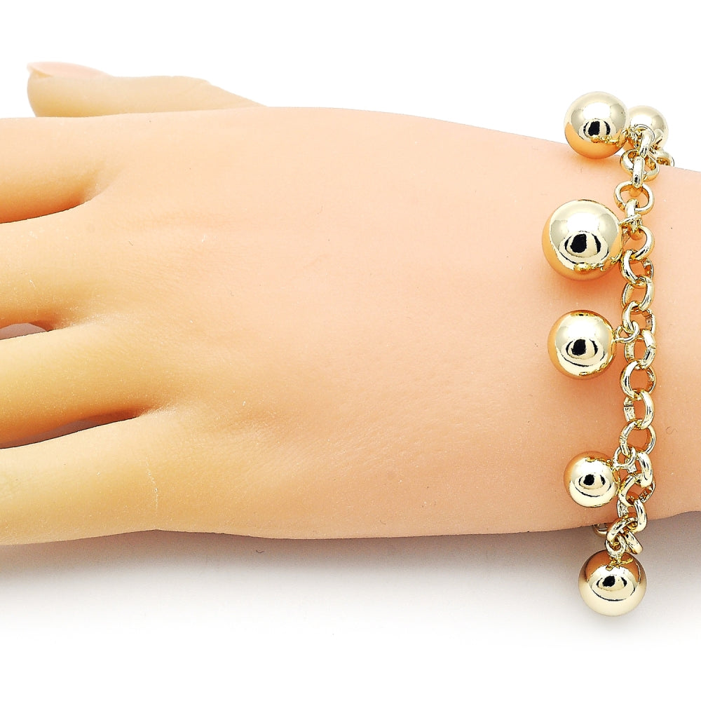 Oro Laminado Charm Bracelet, Gold Filled Style Ball and Rolo Design, Polished, Golden Finish