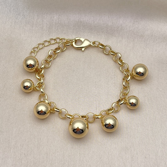 Oro Laminado Charm Bracelet, Gold Filled Style Ball and Rolo Design, Polished, Golden Finish