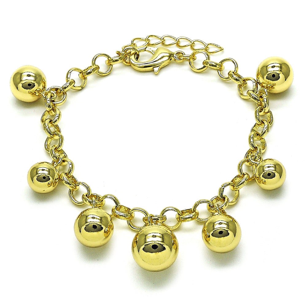 Oro Laminado Charm Bracelet, Gold Filled Style Ball and Rolo Design, Polished, Golden Finish