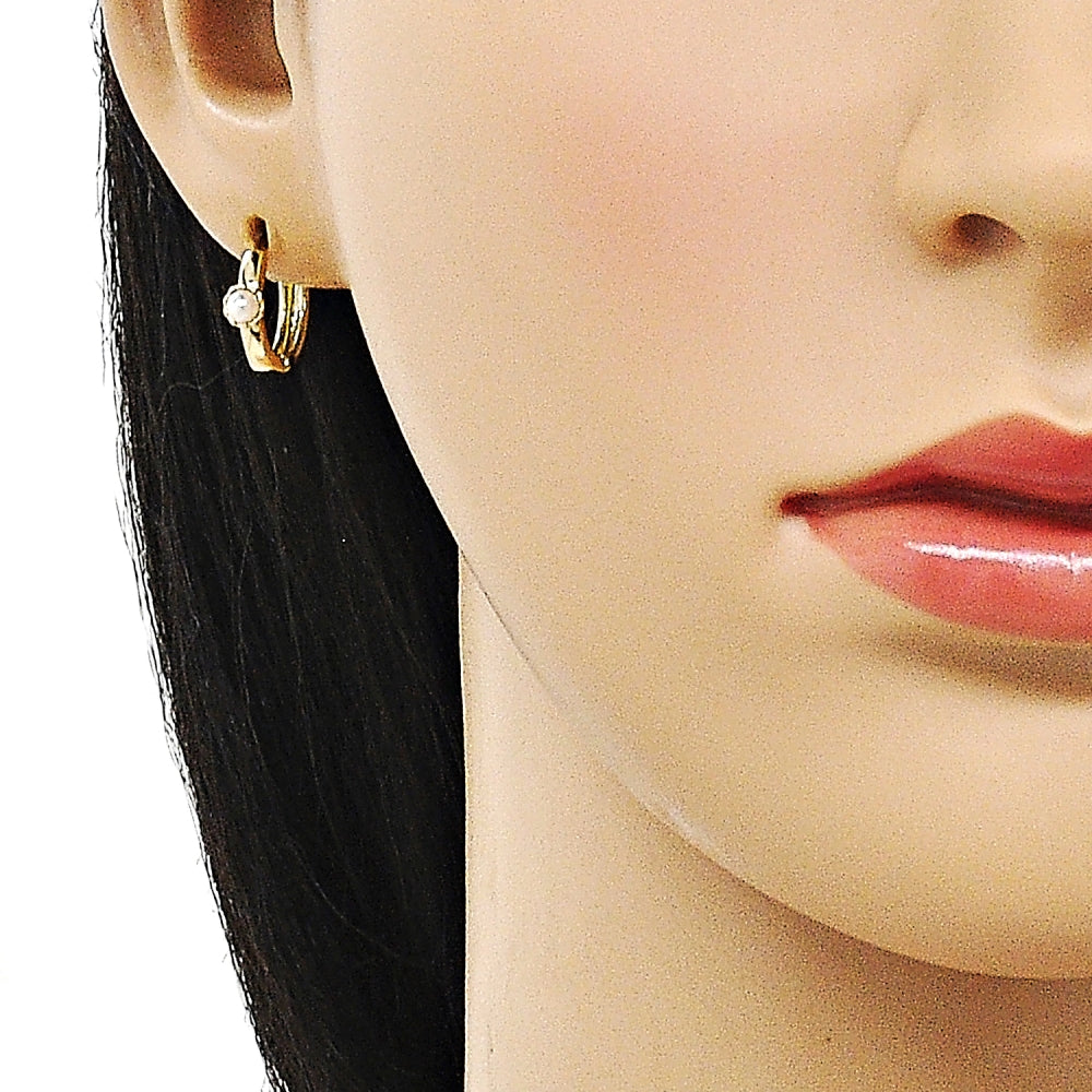 Oro Laminado Huggie Hoop, Gold Filled Style Ball Design, with Ivory Pearl, Polished, Golden Finish