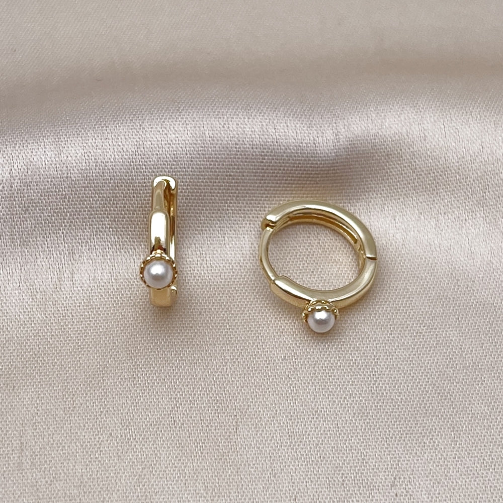 Oro Laminado Huggie Hoop, Gold Filled Style Ball Design, with Ivory Pearl, Polished, Golden Finish