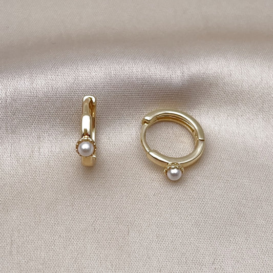 Oro Laminado Huggie Hoop, Gold Filled Style Ball Design, with Ivory Pearl, Polished, Golden Finish