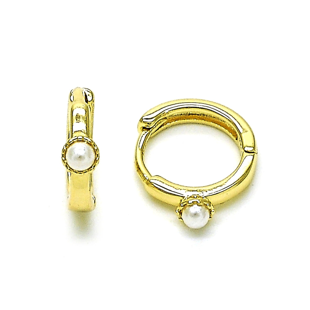 Oro Laminado Huggie Hoop, Gold Filled Style Ball Design, with Ivory Pearl, Polished, Golden Finish