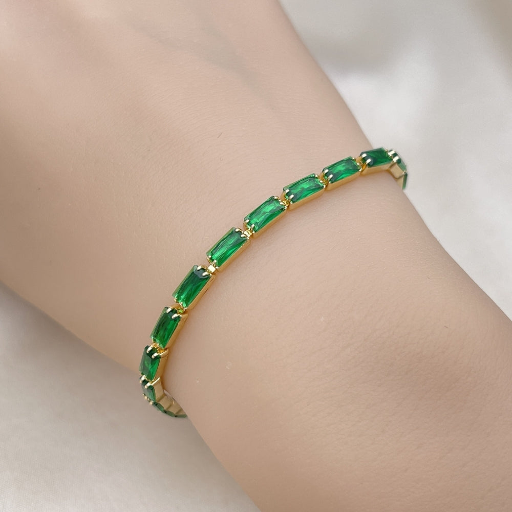 Oro Laminado Tennis Bracelet, Gold Filled Style Baguette Design, with Green Cubic Zirconia, Polished, Golden Finish