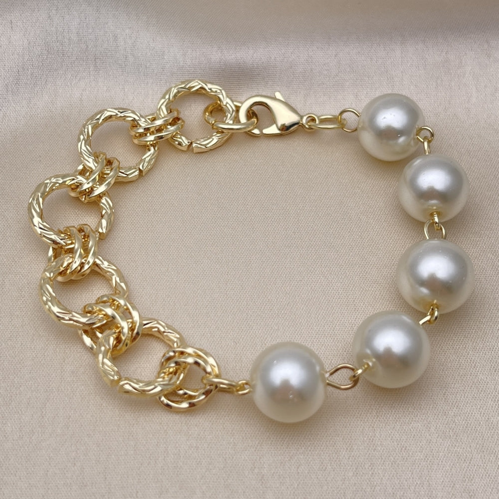 Oro Laminado Fancy Bracelet, Gold Filled Style Ball and Twist Design, with Ivory Pearl, Diamond Cutting Finish, Golden Finish