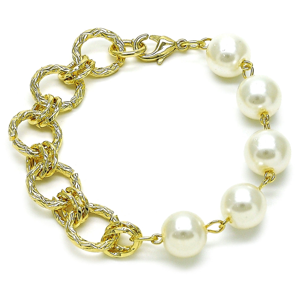 Oro Laminado Fancy Bracelet, Gold Filled Style Ball and Twist Design, with Ivory Pearl, Diamond Cutting Finish, Golden Finish