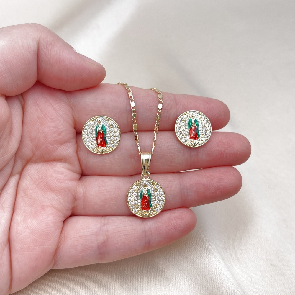 Oro Laminado Earring and Pendant Adult Set, Gold Filled Style Guadalupe Design, with White Cubic Zirconia, Polished, Tricolor
