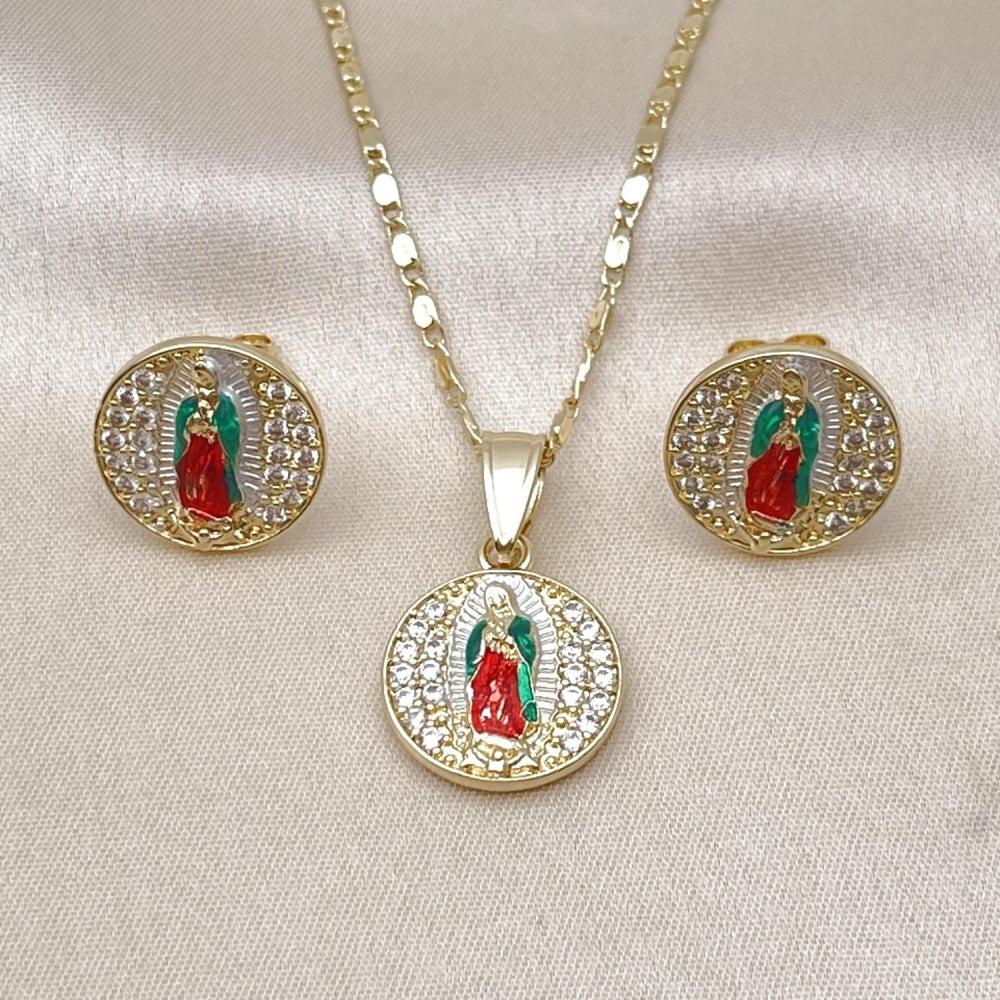 Oro Laminado Earring and Pendant Adult Set, Gold Filled Style Guadalupe Design, with White Cubic Zirconia, Polished, Tricolor