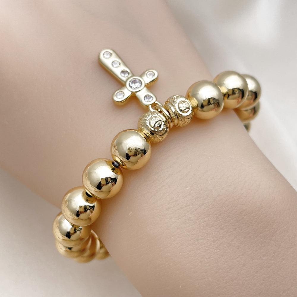 Oro Laminado Fancy Bracelet, Gold Filled Style Ball and Hollow Design, with White Cubic Zirconia, Polished, Golden Finish