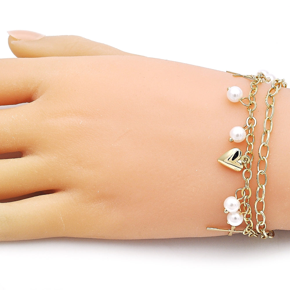 Oro Laminado Charm Bracelet, Gold Filled Style Rolo and Heart Design, with Ivory Pearl, Polished, Golden Finish