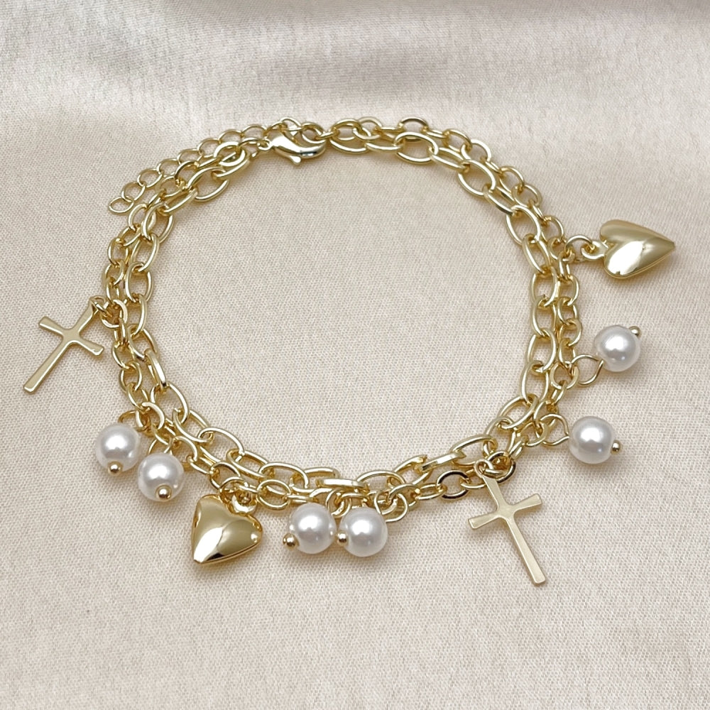 Oro Laminado Charm Bracelet, Gold Filled Style Rolo and Heart Design, with Ivory Pearl, Polished, Golden Finish