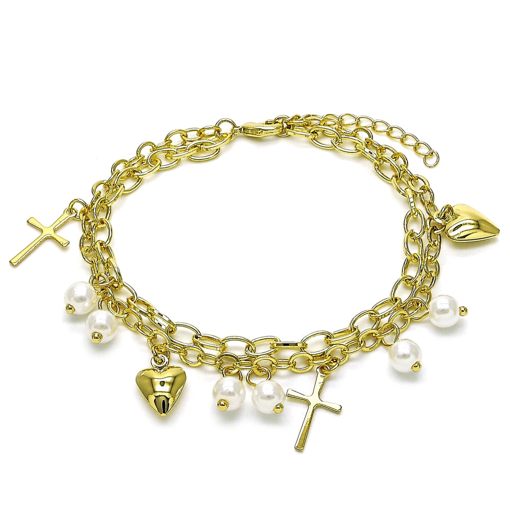 Oro Laminado Charm Bracelet, Gold Filled Style Rolo and Heart Design, with Ivory Pearl, Polished, Golden Finish