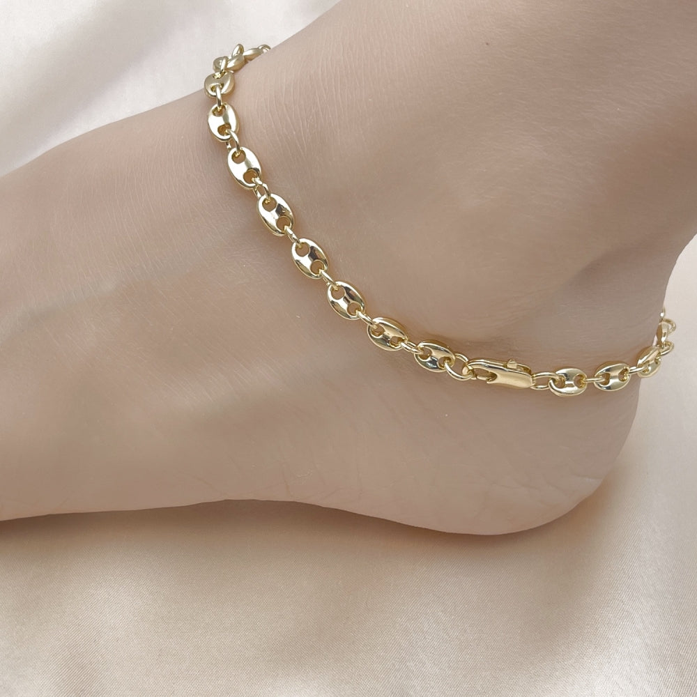 Oro Laminado Fancy Anklet, Gold Filled Style Puff Mariner Design, Polished, Golden Finish