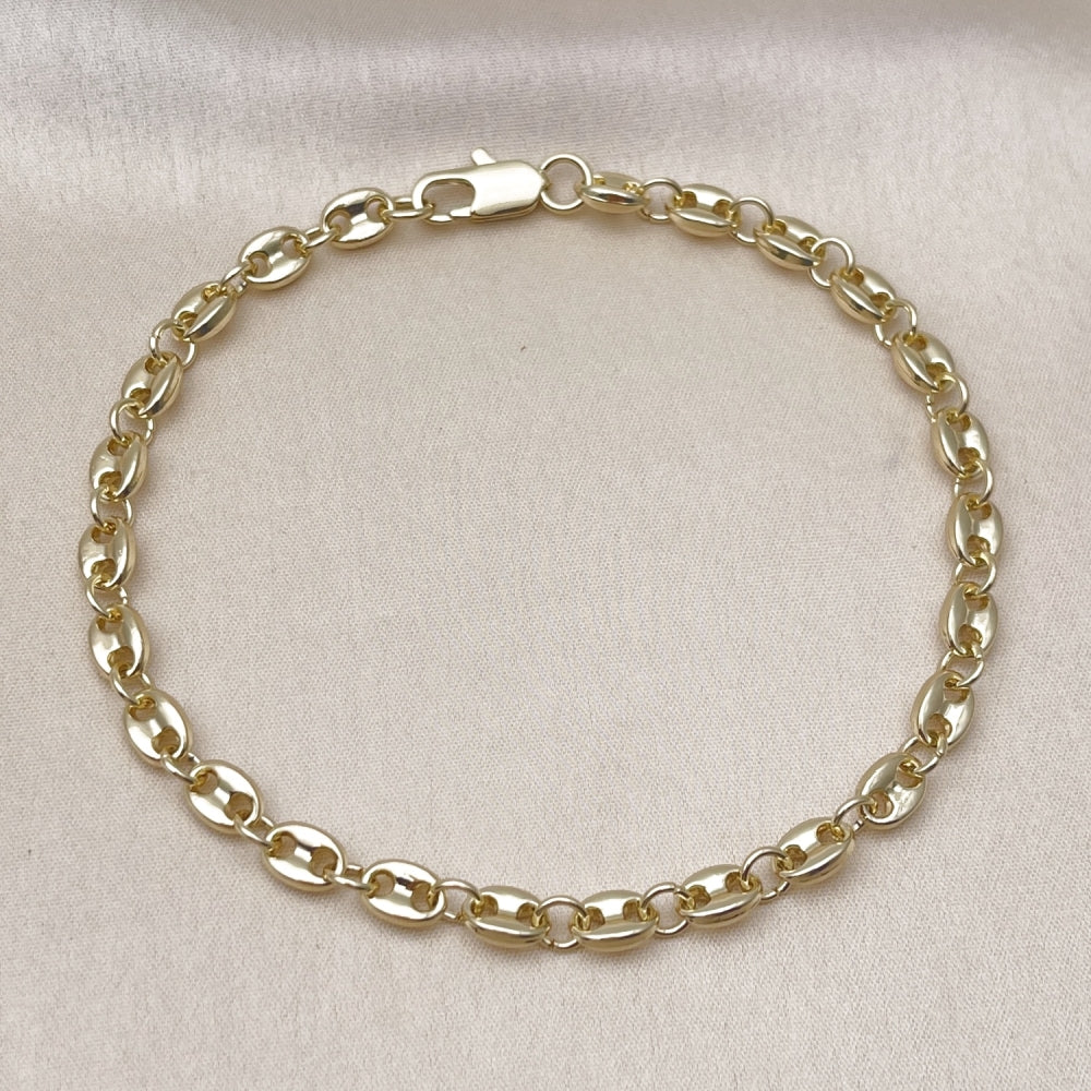 Oro Laminado Fancy Anklet, Gold Filled Style Puff Mariner Design, Polished, Golden Finish