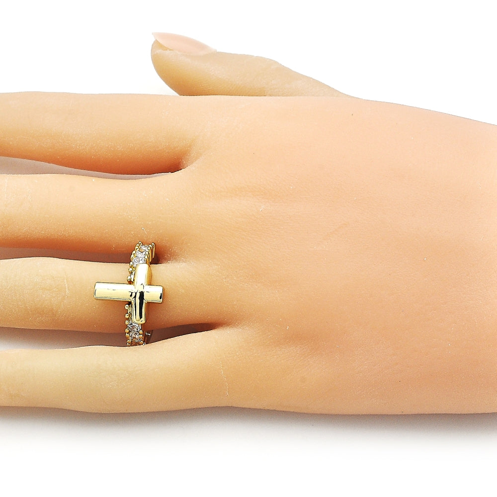 Oro Laminado Multi Stone Ring, Gold Filled Style Cross Design, with White Cubic Zirconia, Polished, Golden Finish