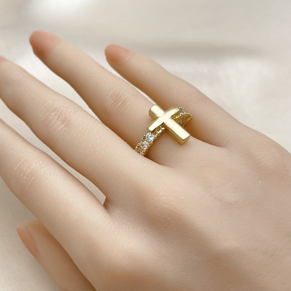 Oro Laminado Multi Stone Ring, Gold Filled Style Cross Design, with White Cubic Zirconia, Polished, Golden Finish