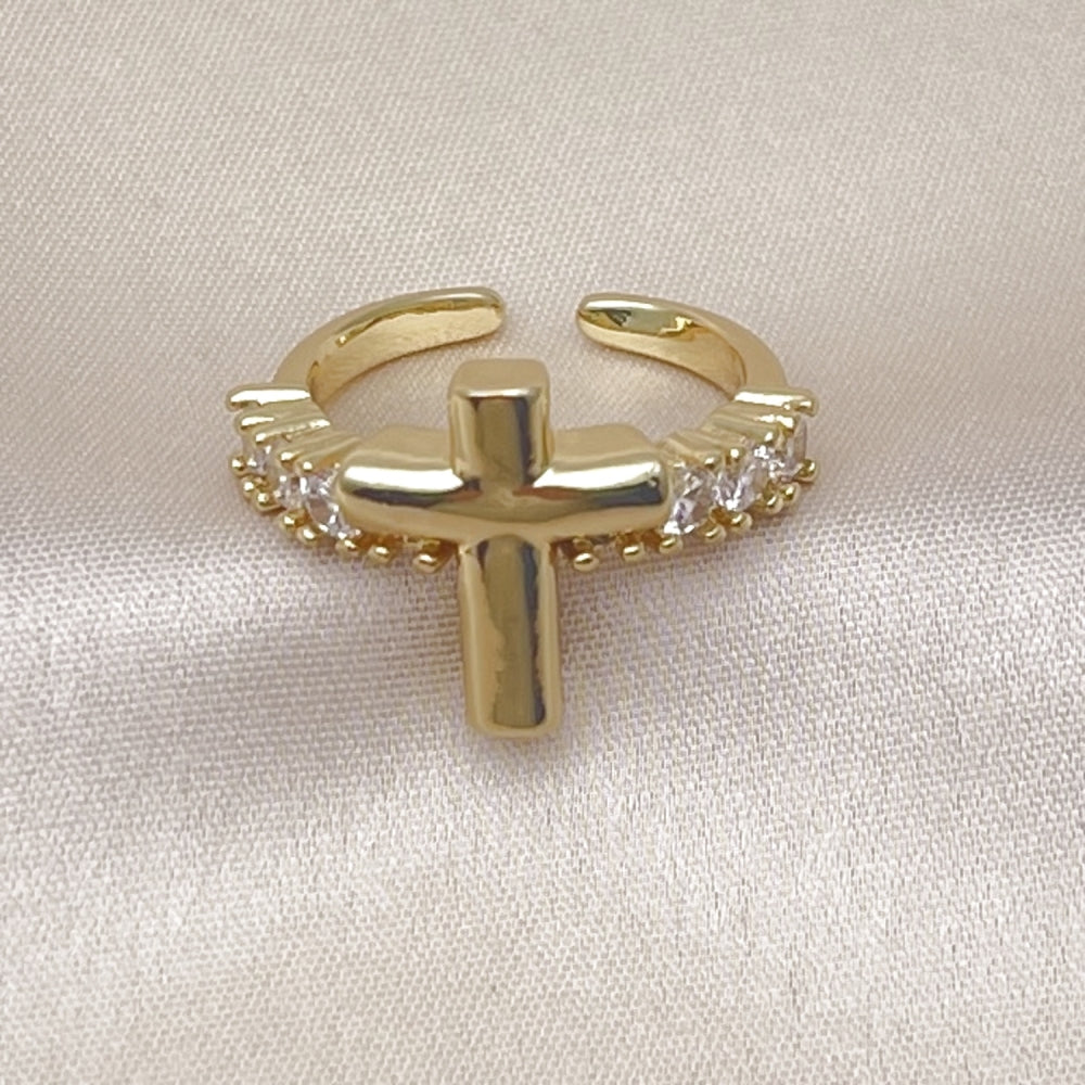 Oro Laminado Multi Stone Ring, Gold Filled Style Cross Design, with White Cubic Zirconia, Polished, Golden Finish