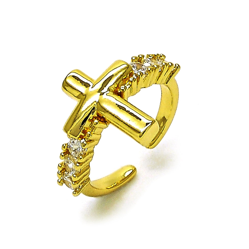 Oro Laminado Multi Stone Ring, Gold Filled Style Cross Design, with White Cubic Zirconia, Polished, Golden Finish