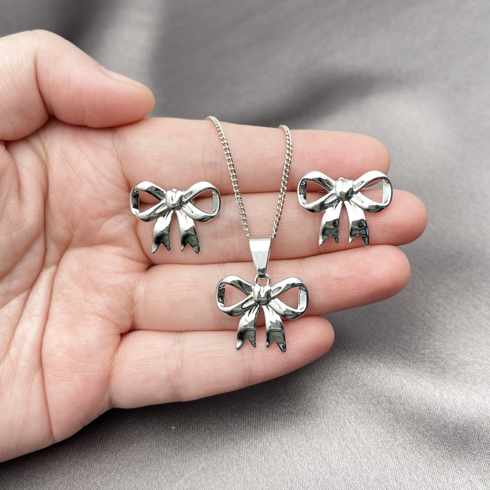 Rhodium Gold Filled Earring and Pendant Adult Set, Bow Design, Polished, Rhodium Finish