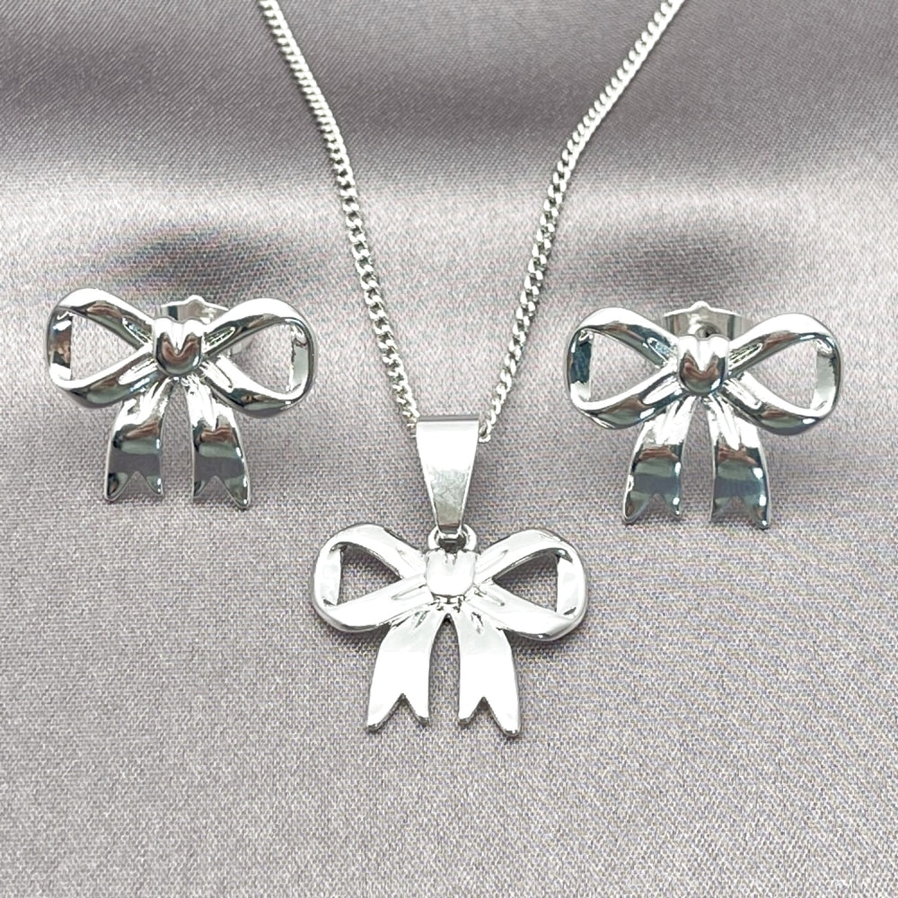 Rhodium Gold Filled Earring and Pendant Adult Set, Bow Design, Polished, Rhodium Finish