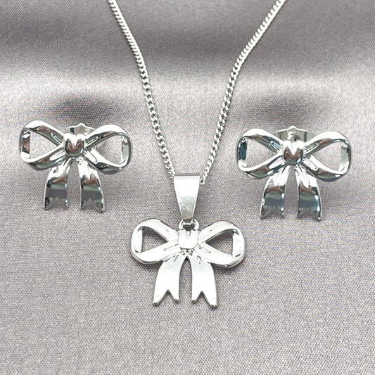 Rhodium Gold Filled Earring and Pendant Adult Set, Bow Design, Polished, Rhodium Finish