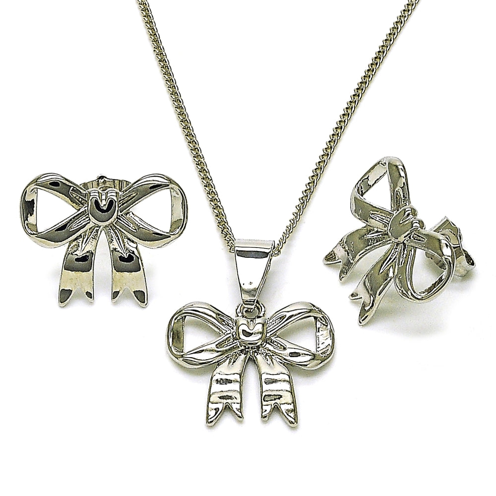 Rhodium Gold Filled Earring and Pendant Adult Set, Bow Design, Polished, Rhodium Finish