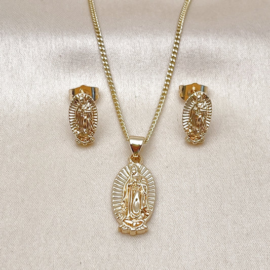 Oro Laminado Earring and Pendant Adult Set, Gold Filled Style Guadalupe Design, Polished, Golden Finish