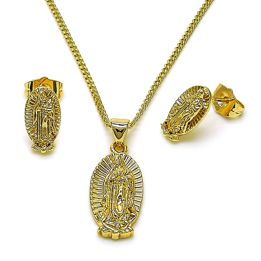 Oro Laminado Earring and Pendant Adult Set, Gold Filled Style Guadalupe Design, Polished, Golden Finish